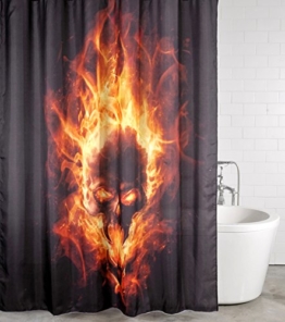 Duschvorhang Totenkopf in Flammen 180 x 200 cm, hochwertige Qualität, 100% Polyester, wasserdicht, Anti-Schimmel-Effekt, inkl. 12 Duschvorhangringe -