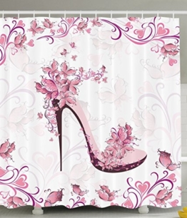 BBFhome Duschvorhang 180 x 180 CM Punk und Lila Frauen Schuhe mit Rosen und Herzen und Schmetterlinge fliegen Polyester Gewebe Badezimmer Set mit Haken - 1
