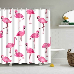 Qile 180 x 180cm Duschvorhang, Anti-Schimmel 100% Polyester Badewanne Duschvorhänge, 3D Effekt und Digitaldruck, Wasserdicht mit 12 weißen Haken (Mehr als nur Flamingos) - 1