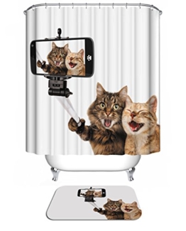 3D Digitaldruck Polyester Duschvorhänge Anti-Schimmel Wasserdicht Mildewproof Badvorhang mit 12 Stück C-Haken für Badzimmer (Katzen) - 1