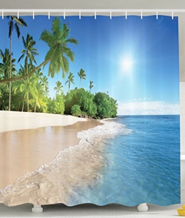 BBFhome Ozean-Dekor-Kollektion Tropische Palmen an einem sonnigen Insel-Strand-Szene Panorama Bild ansehen Polyester-Gewebe 180 x 180 cm Bad Duschvorhang Set mit Haken Blau Grün Weiß Multicolor - 1