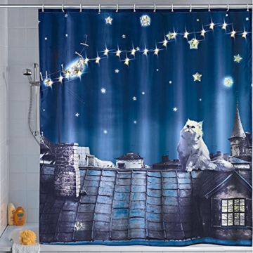 Wenko 22497100 LED Duschvorhang Moon Cat - waschbar, mit 12 Duschvorhangringen, Polyester, Mehrfarbig - 1