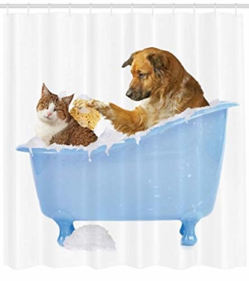 Abakuhaus Duschvorhang, Hund und Katze in der Badewanne Zusammen mit Bubbles Shampoo mit Duschspaß Kunst Druck, Blickdicht aus Stoff inkl. 12 Ringen Umweltfreundlich Waschbar, 175 X 200 cm - 