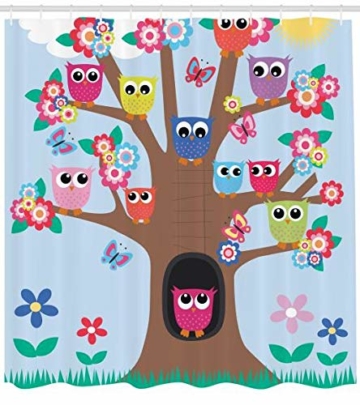 Abakuhaus Eule Duschvorhang, Cartoon-Baum mit Tieren, Pflegeleichter Stoff mit 12 Haken Wasserdicht Farbfest Bakterie Resistent, 175 x 200 cm, Multicolor - 