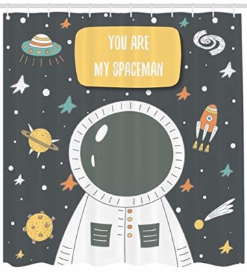 ABAKUHAUS Astronaut Duschvorhang, Cosmic Doodle Rakete, Pflegeleichter Stoff mit 12 Haken Wasserdicht Farbfest Bakterie Resistent, 175 x 200 cm, Grau Multicolor - 