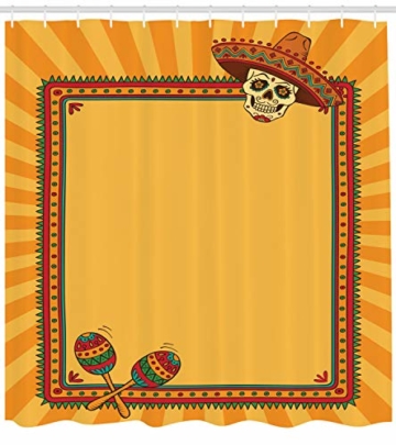 ABAKUHAUS Fiesta Duschvorhang, Rahmen Desgin mit Totenkopf, mit 12 Ringe Set Wasserdicht Stielvoll Modern Farbfest und Schimmel Resistent, 175x200 cm, Ringelblume Grün Rot - 1