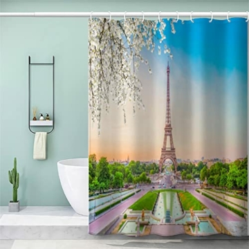 3D Motiv Garten Duschvorhang Anti-Schimmel Wasserdicht Duschvorhänge 240x200 cm Paris Eiffelturm Shower Curtain 100% Polyester Stoff Anti-Bakteriell Badvorhang mit 12 Hooks für Badezimmer Badewanne - 2