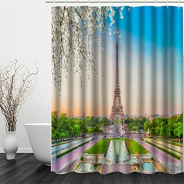 3D Motiv Garten Duschvorhang Anti-Schimmel Wasserdicht Duschvorhänge 240x200 cm Paris Eiffelturm Shower Curtain 100% Polyester Stoff Anti-Bakteriell Badvorhang mit 12 Hooks für Badezimmer Badewanne - 3