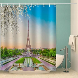3D Motiv Garten Duschvorhang Anti-Schimmel Wasserdicht Duschvorhänge 240x200 cm Paris Eiffelturm Shower Curtain 100% Polyester Stoff Anti-Bakteriell Badvorhang mit 12 Hooks für Badezimmer Badewanne - 1