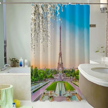 3D Motiv Garten Duschvorhang Anti-Schimmel Wasserdicht Duschvorhänge 240x200 cm Paris Eiffelturm Shower Curtain 100% Polyester Stoff Anti-Bakteriell Badvorhang mit 12 Hooks für Badezimmer Badewanne - 8