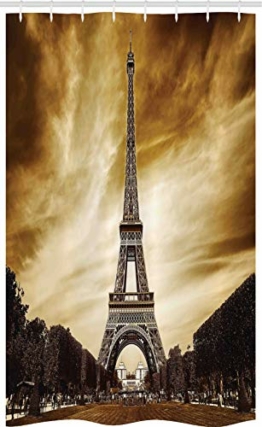 ABAKUHAUS Eiffel Schmaler Duschvorhang, Paris Frankreich Brown Skies, Badezimmer Deko Set aus Stoff mit Haken, 120 x 180 cm, Braun Gelb - 1