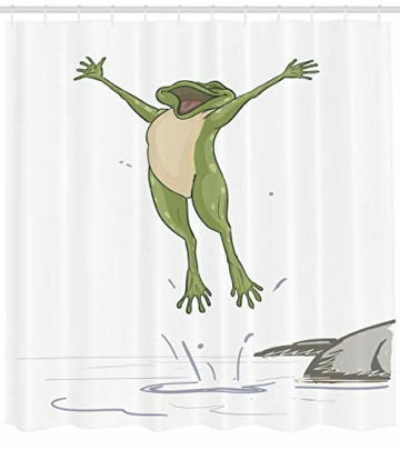 ABAKUHAUS Frosch Duschvorhang, Glücklicher Springender Kröten-Spaß, mit 12 Ringe Set Wasserdicht Stielvoll Modern Farbfest und Schimmel Resistent, 175x200 cm, Olivengrün Grau - 2