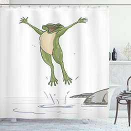 ABAKUHAUS Frosch Duschvorhang, Glücklicher Springender Kröten-Spaß, mit 12 Ringe Set Wasserdicht Stielvoll Modern Farbfest und Schimmel Resistent, 175x200 cm, Olivengrün Grau - 1