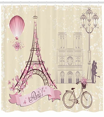 ABAKUHAUS Kuss Duschvorhang, Florales Paris-Symbol Eiffel, Klare Farben aus Stoff inkl.12 Haken Farbfest Schimmel und Wasser Resistent, 175 x 220 cm, Elfenbein Rosa - 2