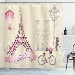 ABAKUHAUS Kuss Duschvorhang, Florales Paris-Symbol Eiffel, Klare Farben aus Stoff inkl.12 Haken Farbfest Schimmel und Wasser Resistent, 175 x 220 cm, Elfenbein Rosa - 1