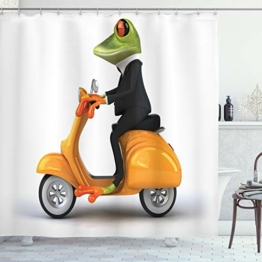 ABAKUHAUS Lustig Duschvorhang, Italienisches Frosch-Motorrad, mit 12 Ringe Set Wasserdicht Stielvoll Modern Farbfest und Schimmel Resistent, 175x200 cm, Orange Schwarz Grün - 1