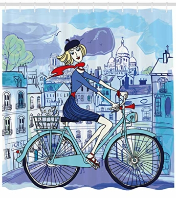 ABAKUHAUS Paris Duschvorhang, Frau auf Dem Fahrrad mit Katze, Trendiger Druck Stoff mit 12 Ringen Farbfest Bakterie und Wasser Abweichent, 175 x 180 cm, Blauer Himmel - 2