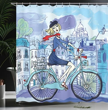 ABAKUHAUS Paris Duschvorhang, Frau auf Dem Fahrrad mit Katze, Trendiger Druck Stoff mit 12 Ringen Farbfest Bakterie und Wasser Abweichent, 175 x 180 cm, Blauer Himmel - 3