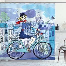 ABAKUHAUS Paris Duschvorhang, Frau auf Dem Fahrrad mit Katze, Trendiger Druck Stoff mit 12 Ringen Farbfest Bakterie und Wasser Abweichent, 175 x 180 cm, Blauer Himmel - 1