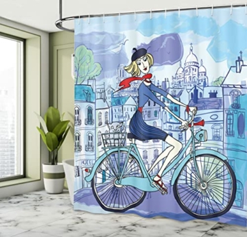 ABAKUHAUS Paris Duschvorhang, Frau auf Dem Fahrrad mit Katze, Trendiger Druck Stoff mit 12 Ringen Farbfest Bakterie und Wasser Abweichent, 175 x 180 cm, Blauer Himmel - 4