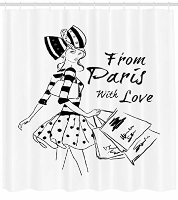 ABAKUHAUS Paris Duschvorhang, Liebe Mode Mädchen Figur, mit 12 Ringe Set Wasserdicht Stielvoll Modern Farbfest und Schimmel Resistent, 175x180 cm, Weiß Schwarz - 2