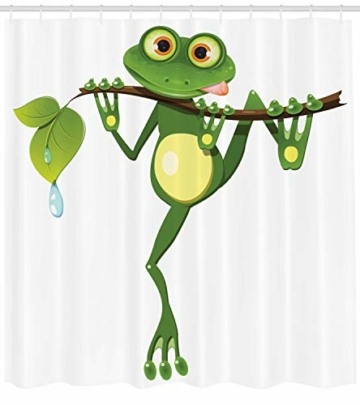 ABAKUHAUS Tier Duschvorhang, Frosch auf Zweig Dschungel, Wasser Blickdicht inkl.12 Ringe Langhaltig Bakterie und Schimmel Resistent, 175 x 180 cm, Grün Weiß - 2