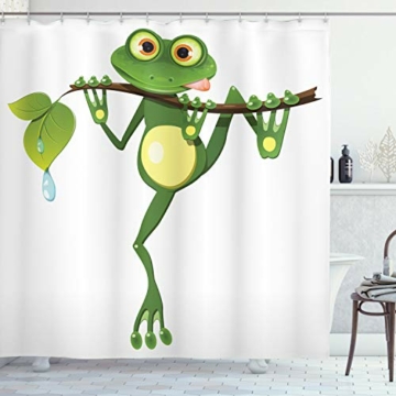 ABAKUHAUS Tier Duschvorhang, Frosch auf Zweig Dschungel, Wasser Blickdicht inkl.12 Ringe Langhaltig Bakterie und Schimmel Resistent, 175 x 180 cm, Grün Weiß - 1