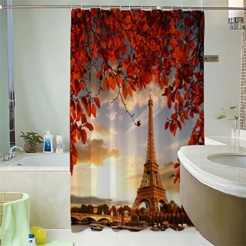 LUORU Duschvorhang 120x180 Herbstlaub, Eiffelturm in Paris Duschvorhang Antischimmel Duschvorhang Haken Duschvorhänge Waschbar Badvorhang Wasserdicht Bad Vorhäng - 2