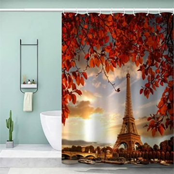 LUORU Duschvorhang 120x180 Herbstlaub, Eiffelturm in Paris Duschvorhang Antischimmel Duschvorhang Haken Duschvorhänge Waschbar Badvorhang Wasserdicht Bad Vorhäng - 3