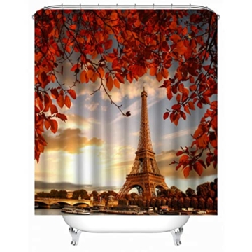 LUORU Duschvorhang 120x180 Herbstlaub, Eiffelturm in Paris Duschvorhang Antischimmel Duschvorhang Haken Duschvorhänge Waschbar Badvorhang Wasserdicht Bad Vorhäng - 4