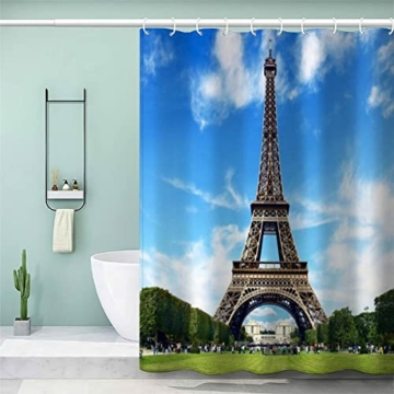 MOXINO Paris Duschvorhang Anti-Schimmel 180x180 cm Polyester Stoff Textil Waschbar Badvorhang 3D Eiffelturm Motiv Design Duschvorhänge Wasserdicht Badezimmer Vorhänge mit 12 Haken - 2