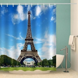MOXINO Paris Duschvorhang Anti-Schimmel 180x180 cm Polyester Stoff Textil Waschbar Badvorhang 3D Eiffelturm Motiv Design Duschvorhänge Wasserdicht Badezimmer Vorhänge mit 12 Haken - 1